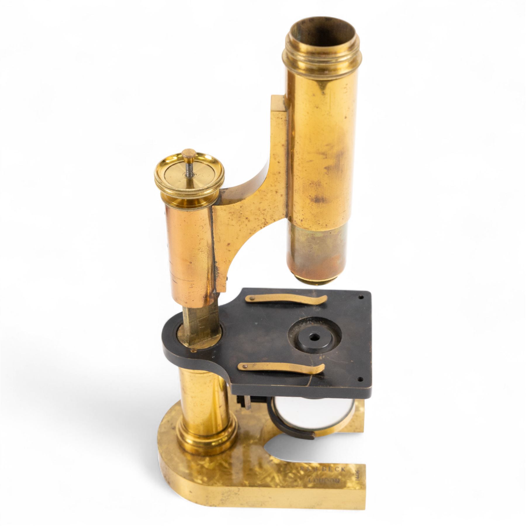 Late 19th century brass microscope by R.J Beck London, serial no. 14496, with four spare lenses in wooden case, 

By vendor repute: Microscope is believed to have belonged to Charles Darwin's youngest son Horace. It was presented to Mount House School Tavistock in 1988 by G.J Willoughby Cashell. It was given to Mr Cashell's maternal great grand father Dr Thomas Lyle whose son Mr Thomas Lyle bequeathed it to his grandson, Mr Cashell. 