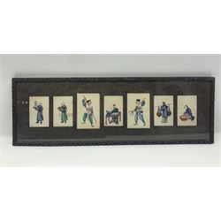 Set of Chinese rice paper figural paintings, in three wooden frames, fale H20cm, L56cm
