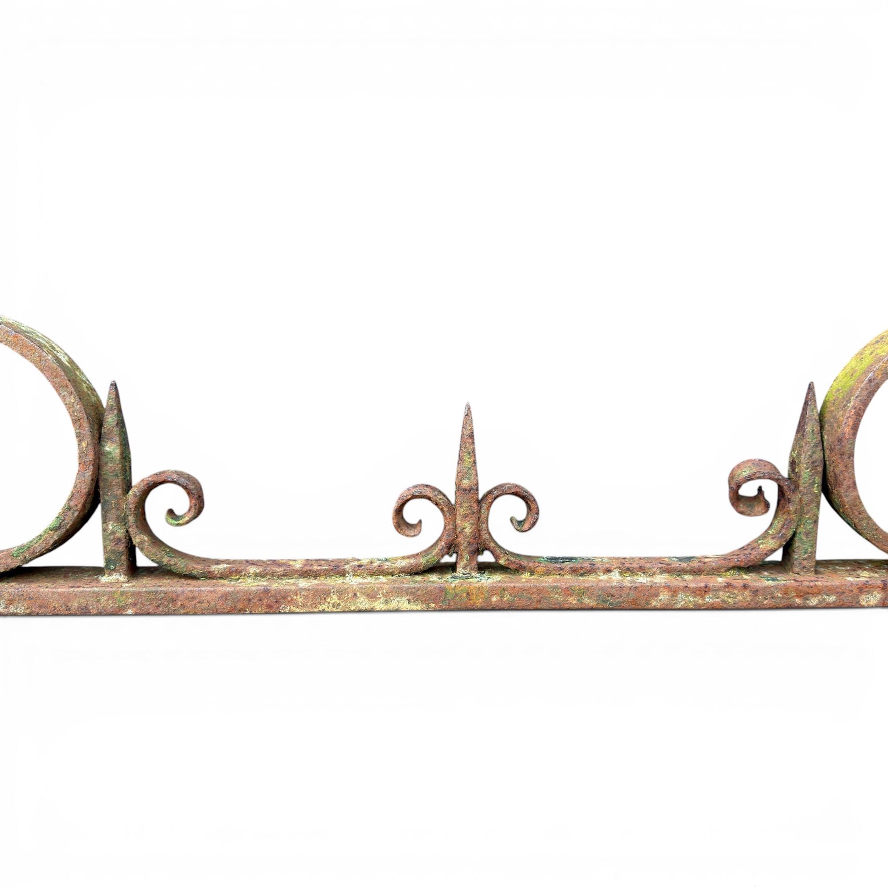 Impressive 19th century 4' wrought iron Country House pedestrian gate, bar form with close rail base, X framed with central crests, scroll and spike top