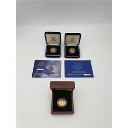 Three Queen Elizabeth II The Royal Mint United Kingdom gold proof full sovereign coins, dated 2003, 2005, and 2011, all cased with certificates