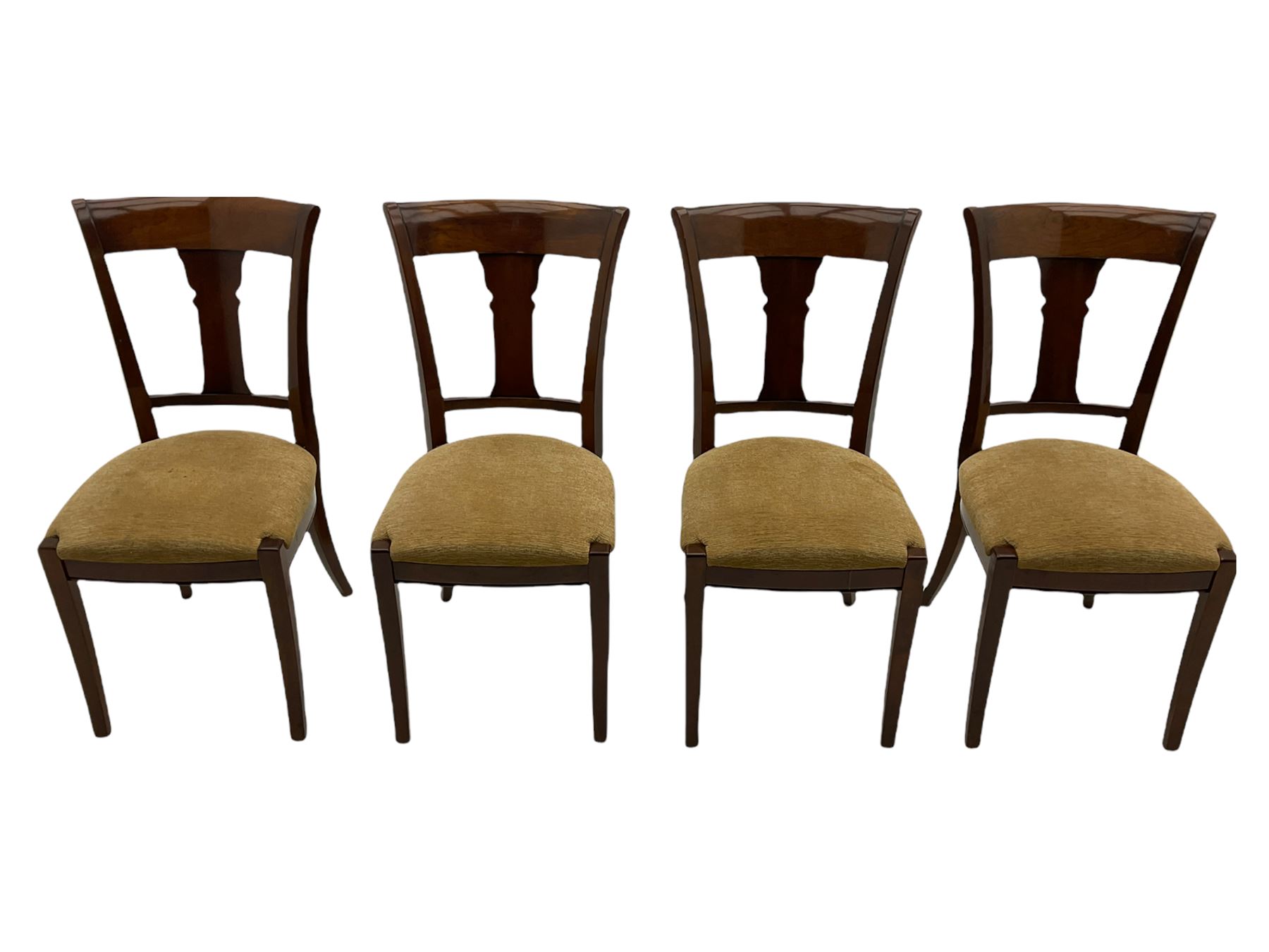 Grange Furniture - cherry wood finish oval extending dining table on square tapering supports, and a set of eight dining chairs with curved backs and upholstered seats 