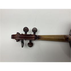 German violin c1890 with 36cm two-piece maple back and ribs and spruce top; bears label 'Antonius Stradivarius Cremona Faciebat Anno 1729' L59.5cm overall; in ebonised wooden 'coffin' case; and two German violins c1890 for completion - one bearing a Stradivarius label, the other a Ruggeri label; both in carrying cases (3)