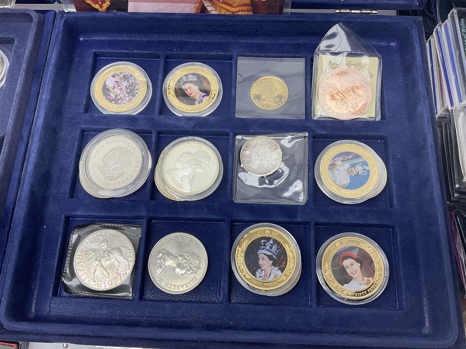 Mostly commemorative coins, including crowns, Queen Elizabeth II 2009 countdown to London 2012 five pound coin on card, 'The 2012 Diamond Jubilee' coin set in card folder, Cook Islands 2013 one dollar commemorating 'Coronation sixty years 1953 2013' etc