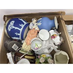 Wedgwood Jasperware biscuit barrel and vase, together with a collection of other ceramics including trinket boxes, flower displays and figures, etc in three boxes