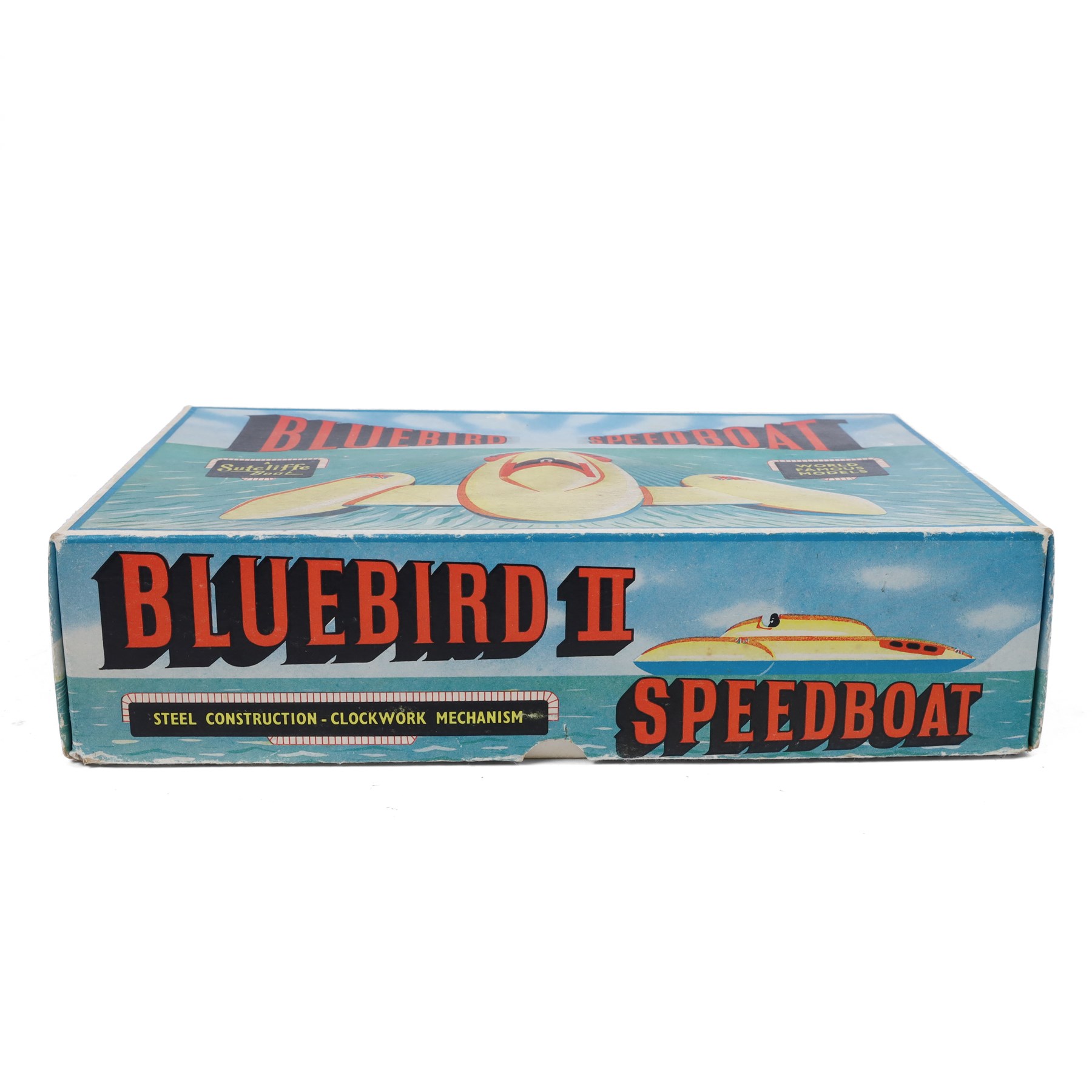 Sutcliffe Models tinplate clockwork 'Bluebird' speedboat, in red and cream livery with metallic gold details and applied decals, with key, boxed