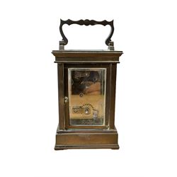 French -  brass cased 20th century  8-day timepiece carriage clock, dial inscribed L' Epee Fondee-En 1839, Sainte Suxanne, France, with a circular enamel dial and an embossed brass dial mask, Roman numerals, minute markers, five minute Arabic's and steel moon hands, with a jewelled lever platform escapement.