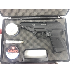  Benjamin E9A Series .177cal CO2 air pistol, with box, instructions and a box of ten Walther 12g CO2 capsules and a Gamo Precision Airgun model P-23 in case, (2) As post 1939 air weapons the restrictions of the Crime Reduction Act apply to the sale and delivery of this item  
