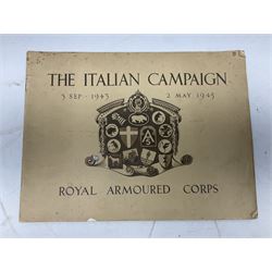 Modern album containing over sixty postcards and photographs including memorial portraits of KIA soldiers, regimental crests, comic, WW1 embroidered silk, uniforms, cap badges, camp and manoeuvre images etc; another personal photograph album of WW2 soldiers relaxing; Royal Armoured Corps booklet 'The Italian Campaign 3rd Sep. 1943 - 2nd May 1945; and other paper ephemera of military interest