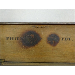  19th century painted pine rectangular box, hinged lid named 'Phoenix Whaler of Whitby 1816' containing a collection of Shipwrights tools, including Mauls, Hammers, Irons, Gouges etc, W110cm, D27cm, H26cm: Provenance sale of contents of Carr Mount in Sleights 2007, the home of Gideon Smales, one of Whitby's most famous Shipbuilding families.   
