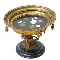 Italian Grand Tour pietra dura and ormolu tazza, the circular black stone top inlaid with ...