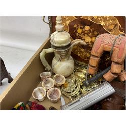 Quantity of carved wood elephants, twin handled inlaid tray, horse brassses, onyx and agate cups, boxed Sheaffer pen, other treen and metalware etc
