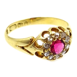 Victorian 18ct gold ring, central ruby surrounded by diamonds, Birmingham 1898  