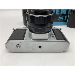 Asahi Pentax S1a camera body, serial no. 707071, with 'Super-Takumar 1:1.8/55' lens, serial no 2124044, together with Asahi Pentax Sv camera body, no. 1925617 with 'Super-Takumar 1:2/55' lens, serial no. 2770153, Asahi Pentax Meter, 'Super-Takumar 1:3.5/28' lens, serial no. 2075492 and 'Super-Takumar 1:4/150' lens, serial no. 1461613  