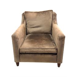 Duresta - three piece 'Finsbury' lounge suite comprising one three-seat sofa, a two-seat sofa and armchair, upholstered in mink coloured velvet, with box seat cushions and deep seat over tapered arms on short stained bun feet (Three seat H 80cm, W 207cm, D105cm, two seat H80cm, W168cm, D105cm, armchair H80cm, W89cm, D105cm)    