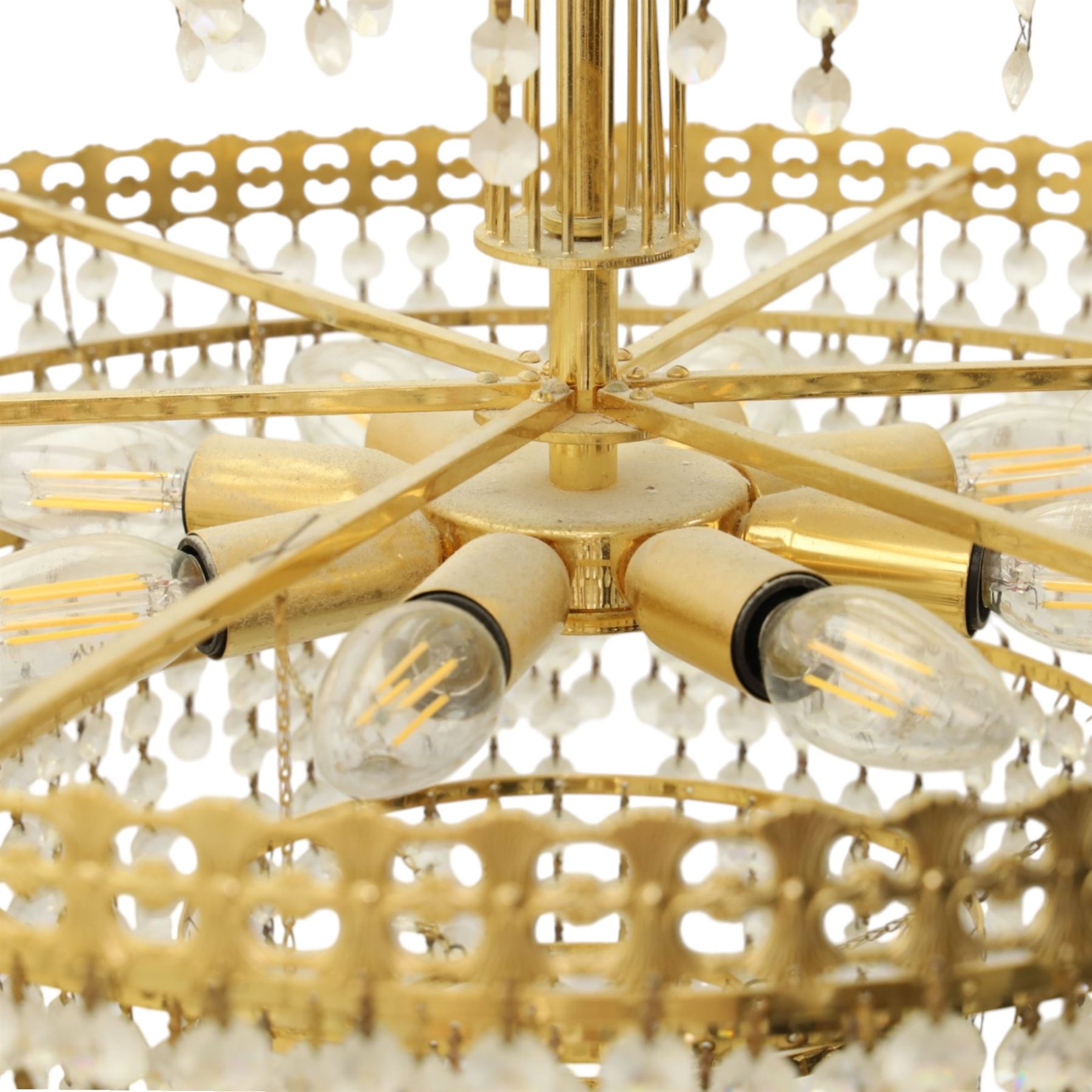 Art Deco style set of two chandeliers, brass and beaded glass, (H 60cm, Di 60cm) (H 75cm, Di 62cm) 