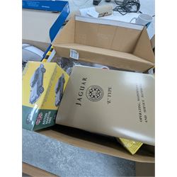 Pair of men's Adidas Samba trainers, Iron Maiden Trooper Beer, three DeAgostini Jaguar E Type magazines and a collection of costume jewellery