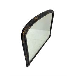 Arched overmantle mirror, black painted frame with gilt 'splatter' design