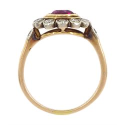 Early 20th century 15ct rose gold round synthetic ruby and milgrain set old cut diamond cluster ring, with diamond set shoulders