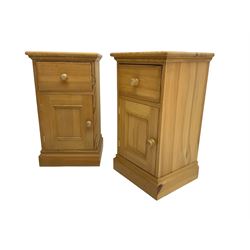 Pair traditional pine bedside cabinets, single drawer over cupboard