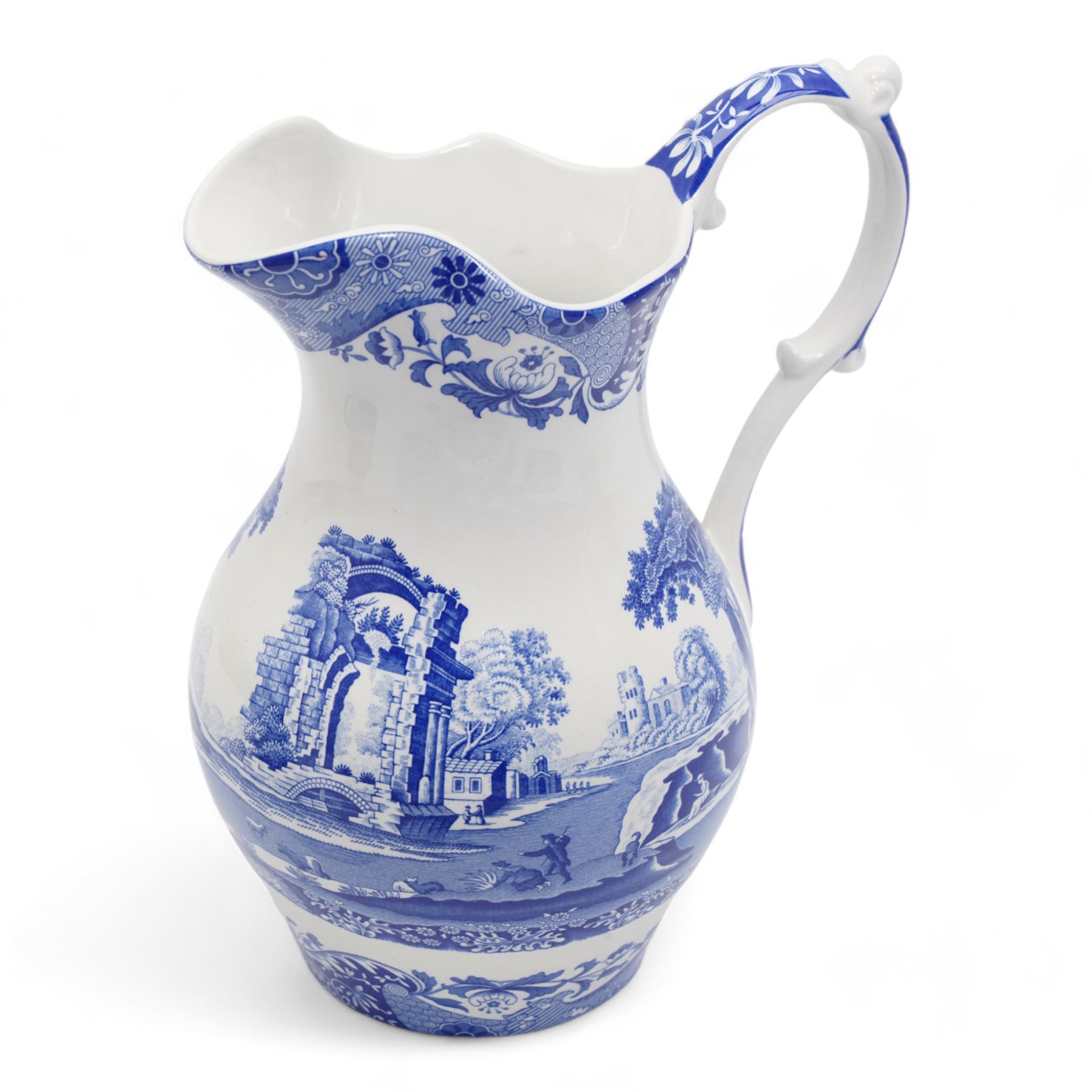 Copeland Spode Italian tableware to include four large bowls, jug, octagonal plate, four other larger plates, ten bowls of various sizes, butter dish, preserve jar, toast rack, set of six teaspoons and six pastry forks etc, all with black backstamps 