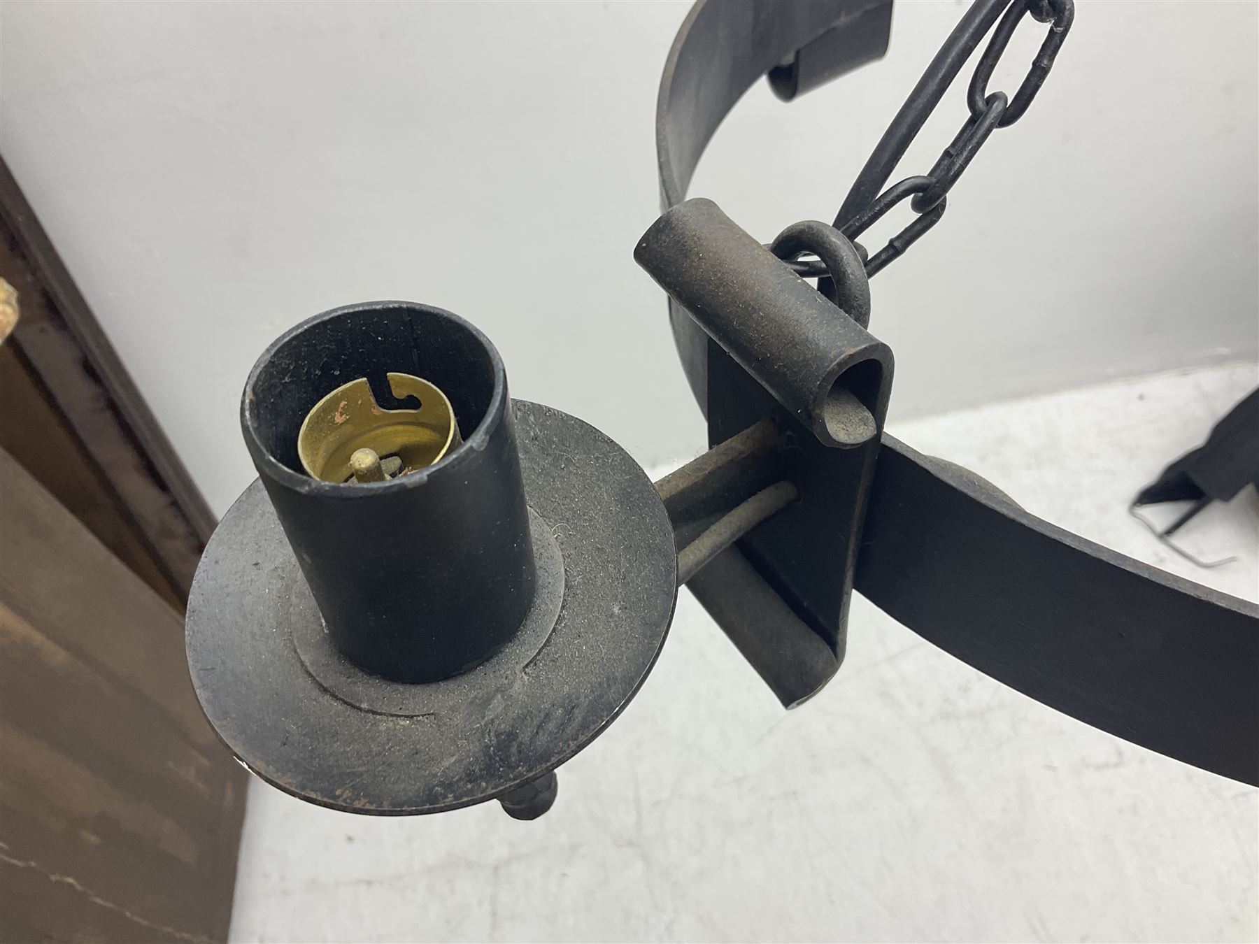 Pair of gothic style wrought iron ceiling lights, each with four branches, D58cm