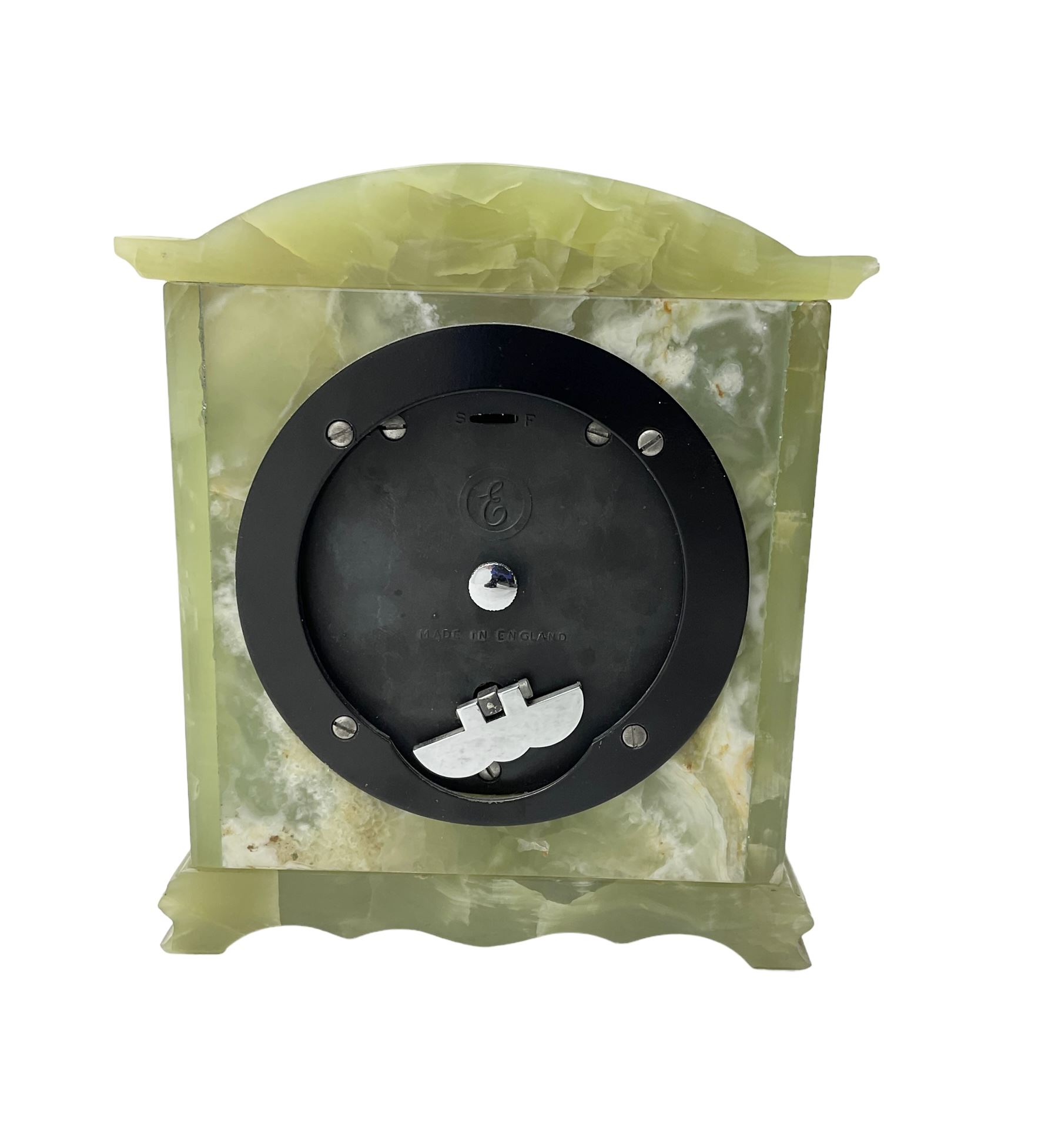 Elliot - English 20th century timepiece mantle clock in a green Onyx case, brass dial with spandrels, pierced steel hands, engraved centre and silvered chapter ring, retailed by Owen  & Robinson Leeds, integral key, wound and set from the rear.