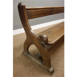  19th century oak ecclesiastical church oak pew, shaped chamfered end supports carved with foliage connected by floor stretcher, W245cm, H70cm, D52cm  