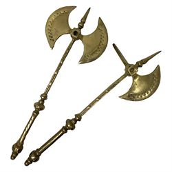 Ornamental cast-brass double-headed axe, together with another similar, H44cm