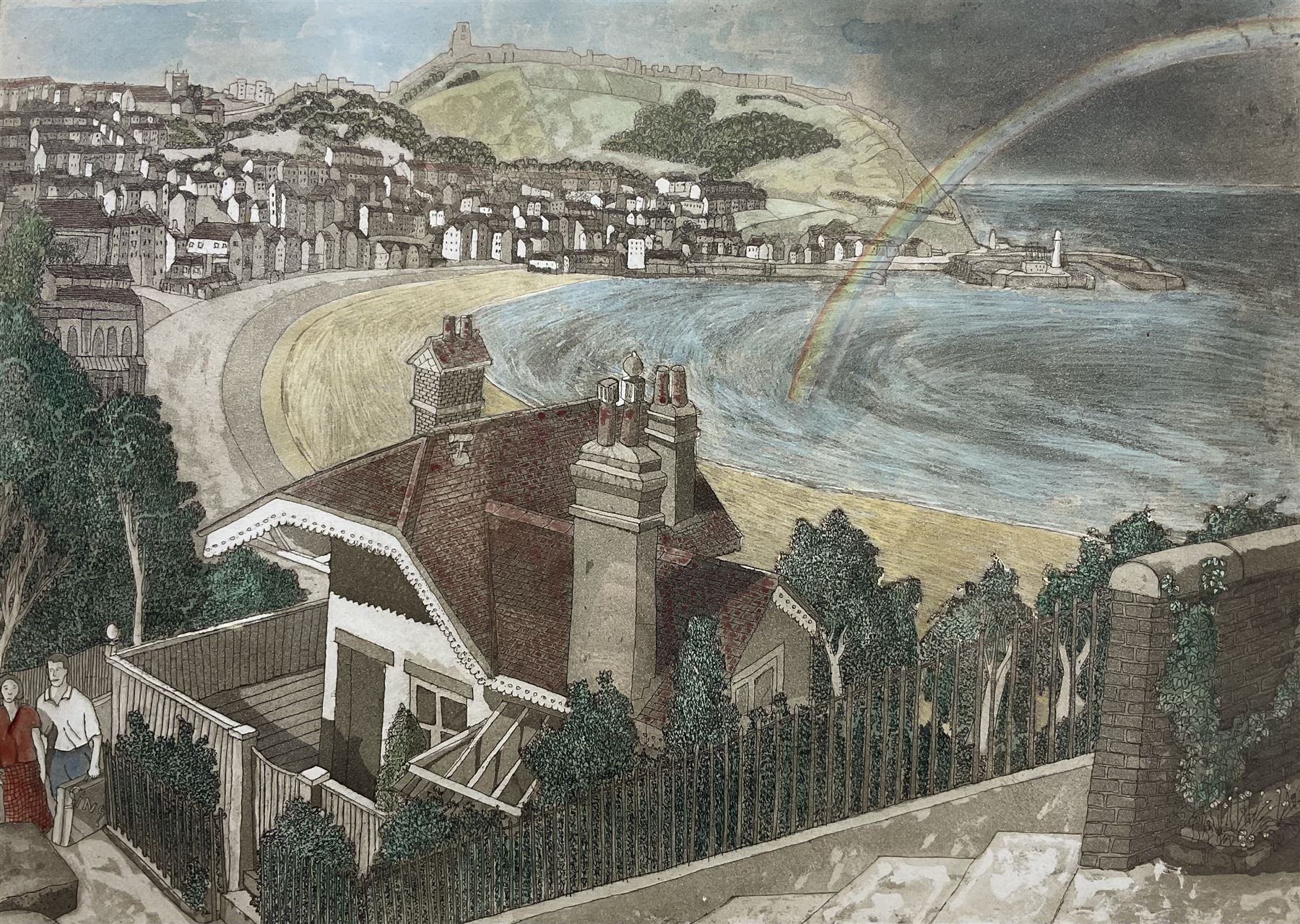 Michael Atkin (Scarborough 1952-): ‘Paul and Amanda Leave Town’ - Scarborough from the Spa Chalet, coloured etching with aquatint signed titled and numbered 9/60, 35cm x 59cm 
