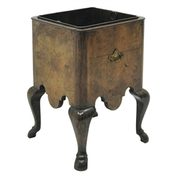  Queen Anne style figured walnut square jardiniere, shaped frieze on cabriole legs with hoof feet, original liner, W26cm, D26cm, H40cm  