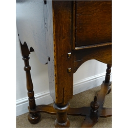  Georgian style oak side table, moulded top, single drawer, turned supports joined by shaped stretcher, bun feet, W82cm, H74cm, D54cm  