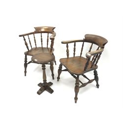 Pair Victorian elm captains chairs, shaped cresting rail, turned supports joined by double 'H' stretcher (W62cm) and a mahogany pedestal table (2)