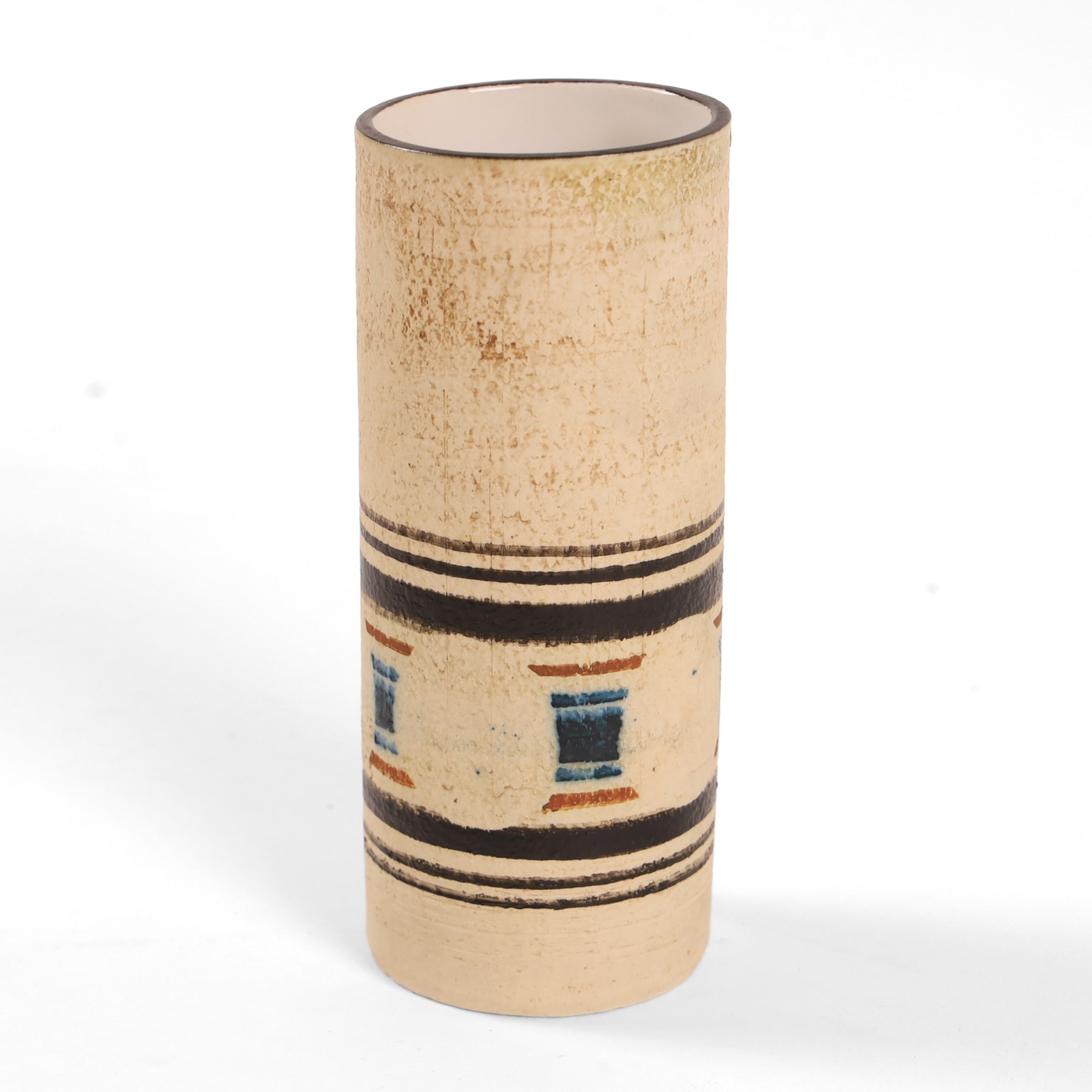 Troika cylindrical vase decorated with circles upon a striped backdrop, designed by Linda Taylor, with painted marks beneath, H14cm