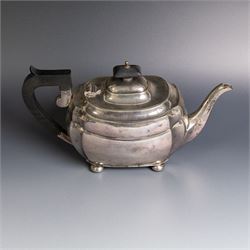 1930s silver three piece tea service, comprising teapot, milk jug and open sucrier, of oval form, the teapot with ebonised handle and finial, hallmarked S Blanckensee & Son Ltd, Chester 1931