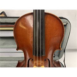 Early 20th century French Mirecourt violin with 35.5cm two-piece maple back and ribs and spruce top; bears label 'The Garrodus Violin H & Co No.1587 Anno 1912' L59cm overall; in modern fitted case with bow