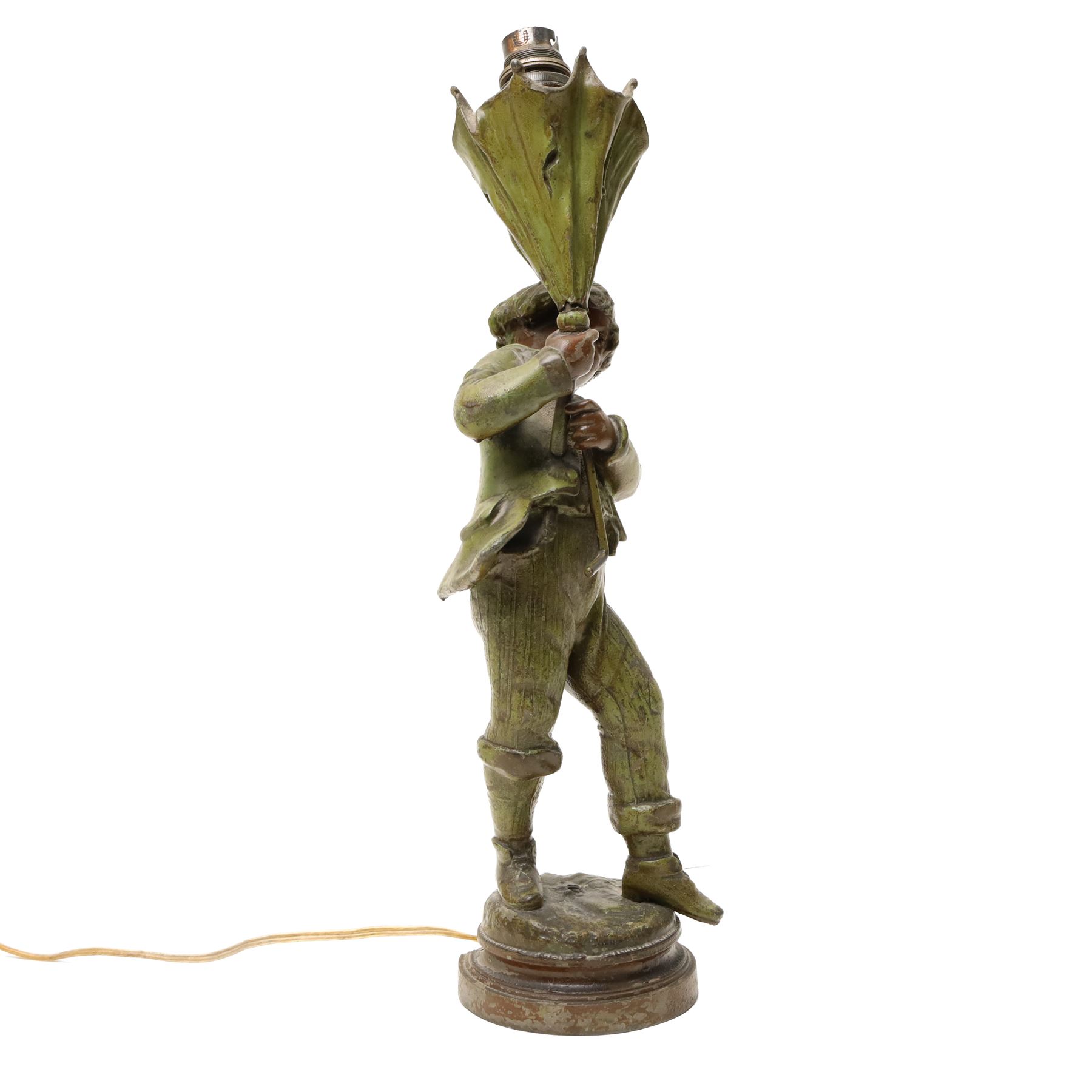 After Louis Auguste Moreau - The Gust of Wind, bronzed figure holding an umbrella, adapted as a table lamp H40cm