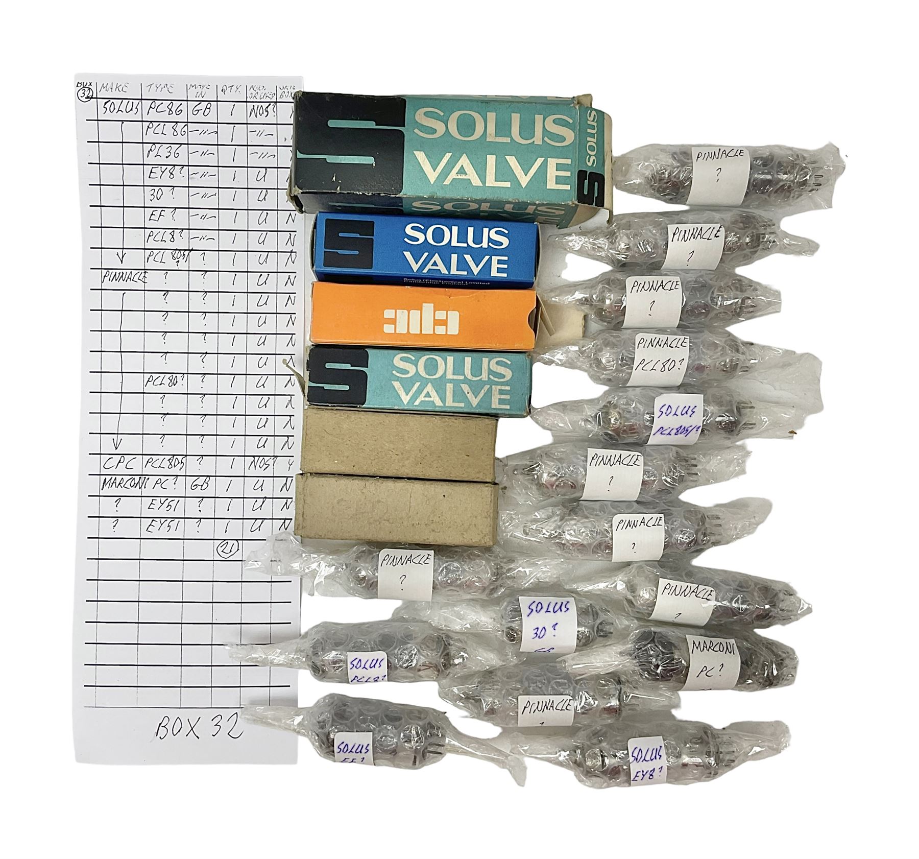 Collection of Solus, Marconi, Pinnacle and similar thermionic radio valves/vacuum tubes, including PCL86, PCL805, PL36, etc approximately 21 as per list, some boxed