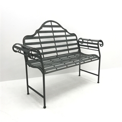  Wrought metal rustic grey garden bench with curved arms and shaped back, W125cm  