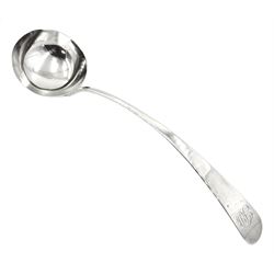 George III silver Old English pattern ladle, with engraved monogram to terminal, bottom struck, hallmarked John Lambe, London 1780, approximate silver weight 5.59 ozt (174 grams)