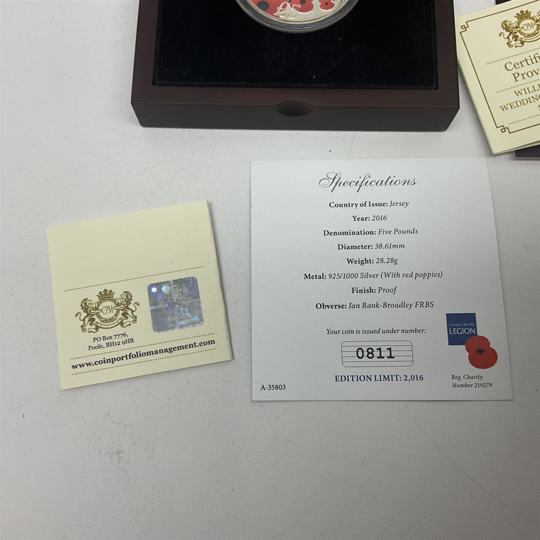 Queen Elizabeth II Channel Islands and Isle of Man silver proof five pound coins, comprising Bailiwick of Jersey 2016 'Lest we Forget', 2019 'D-Day 75th Anniversary' three coin set', Bailiwick of Guernsey 2020 'Florence Nightingale 200th Anniversary' and Isle of Man 2021 'William and Kate Wedding Anniversary', all cased with certificates