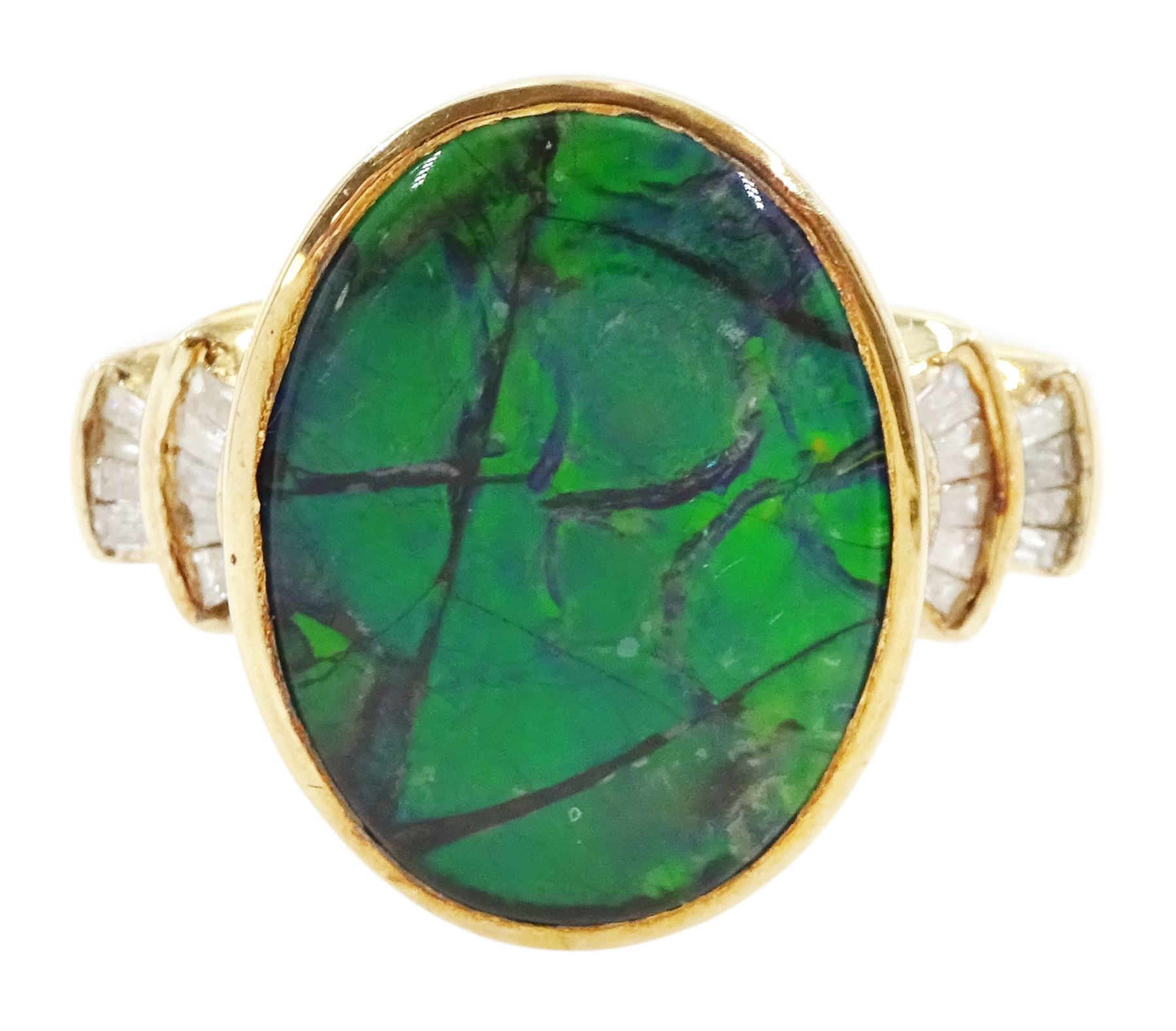 9ct gold ammolite ring, with tapered baguette cut diamond shoulders, hallmarked
