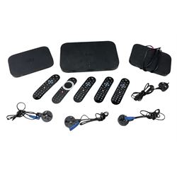 Sky Q box together with two mini room boxes with remotes and a quantity of remote controls and cables