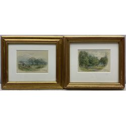 George Hodgson (British 1847-1921): Cattle by a Stream, pair watercolours signed and dated 1895, 8cm x 11cm (2) 
Notes: born in Nottingham, Hodgson lived in Grange-over-Sands and was a member of the Nottingham Society of Artists, acting as Vice-President 1908-1917. He exhibited many works at the Nottingham Castle Museum, the Royal Academy, Royal Birmingham Society of Artists, and Royal Society of British Artists.
