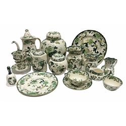 Masons 'Chartreuse' Ironstone ceramics, to include graduated set of three jugs, tea wares comprising teapot, teacups and saucers, milk jug and sucrier, lidded vases etc