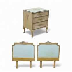 French design cream painted three drawer commode and matching headboards, shaped front wit...