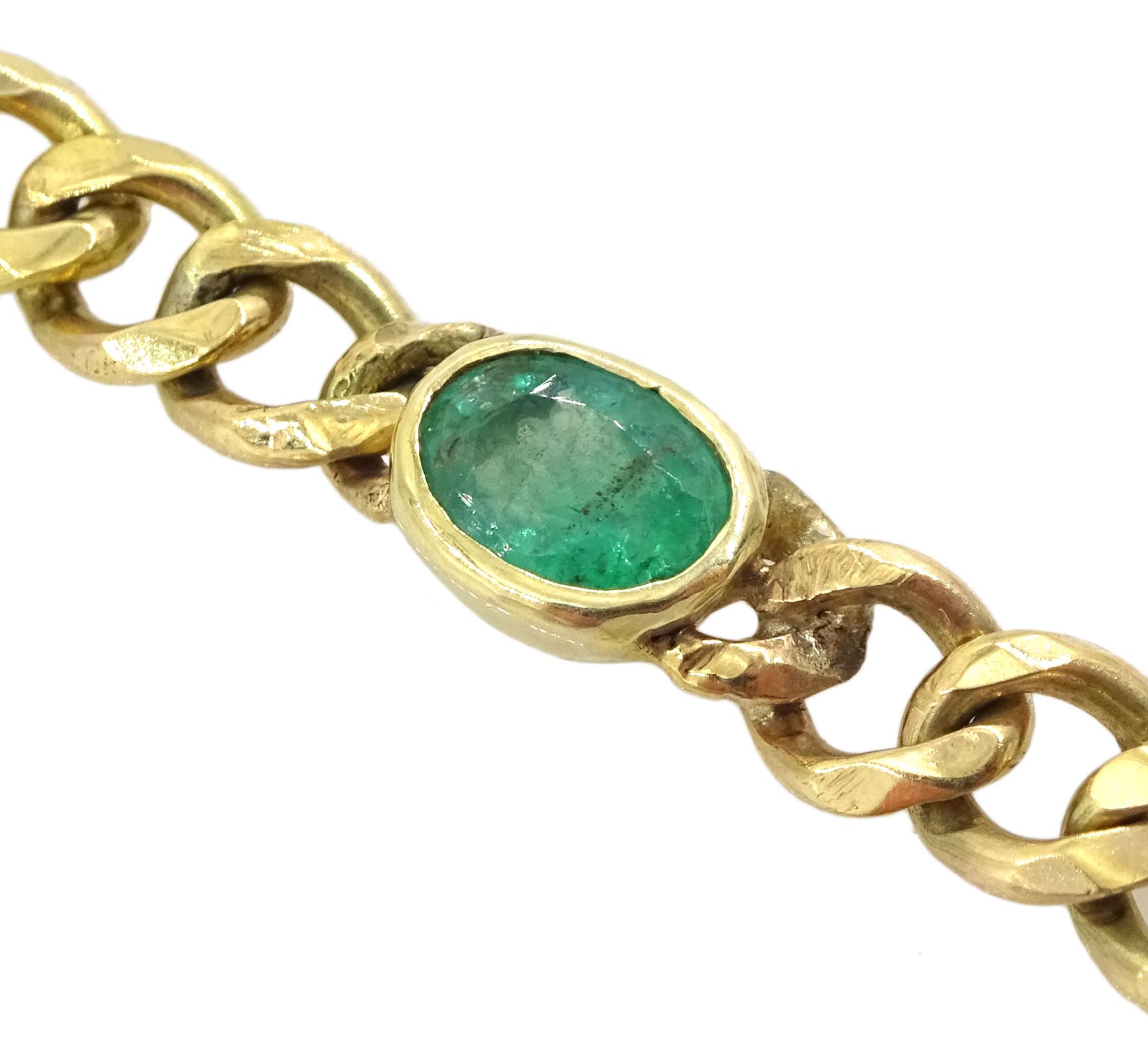 Gold single stone square cut emerald pendant, on gold curb link chain necklace set with two oval cut emeralds, both 9ct, emerald approx 12.00 carat