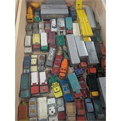 Collection of Matchbox Lesney and similar diecast model vehicles, including buses, lorries, cars, cranes, etc, all loose and playworn, in two wooden wine crates