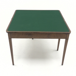 Early 19th century cross banded and inlaid mahogany fold over card table, green baize lined interior, square tapering supports, W92cm, H71cm, D91cm  