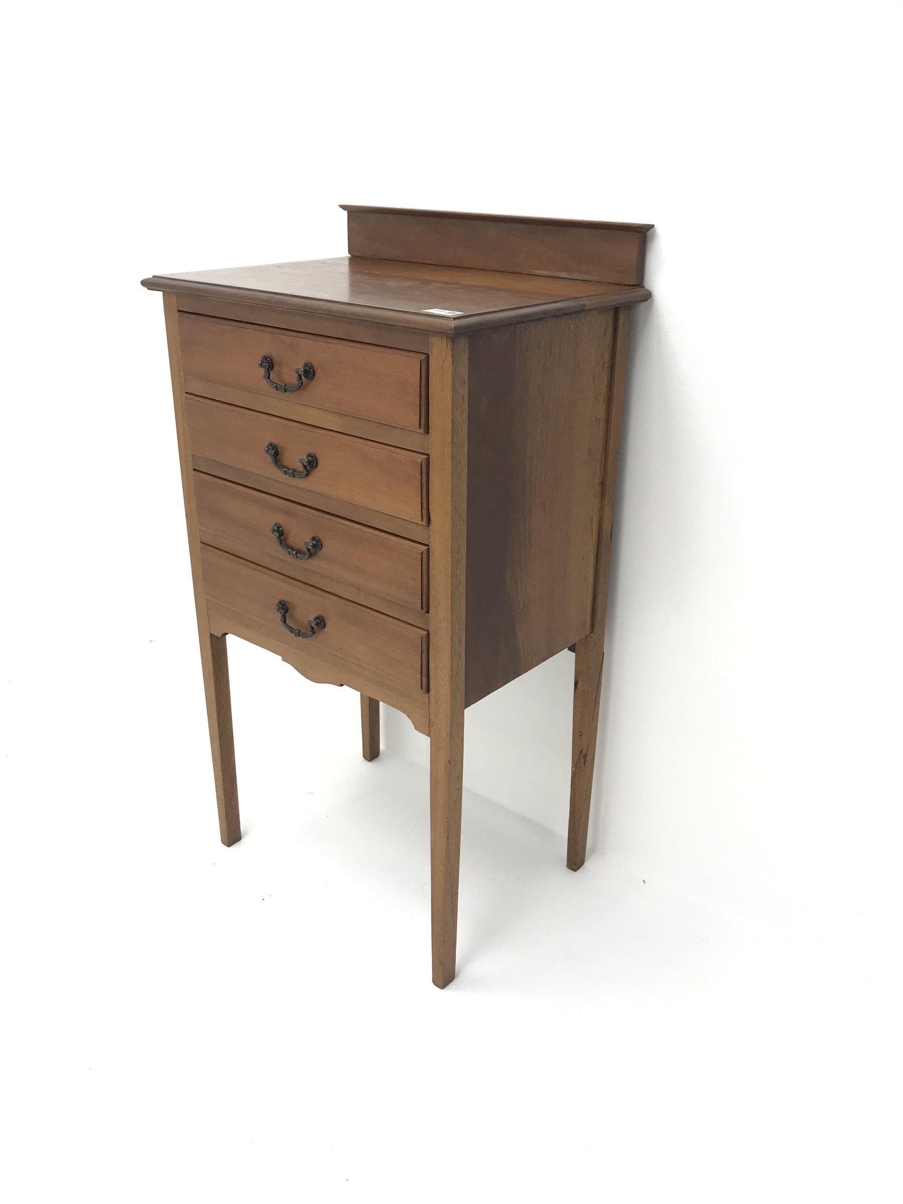 Edwardian mahogany music cabinet, raised back, four fall front drawers on square tapering supports, W51cm, H92cm, D36cm