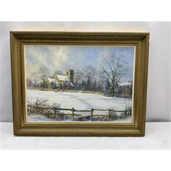 Stephen Maude (British 20th century): Collingham West Yorkshire in Winter, oil on board signed and dated 1995, 38cm x 53cm